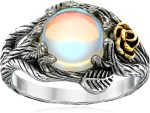 JESMING Rose Moonstone Ring Moon Ring 925 Cute Sterling Silver Rings Leaf Ring Wiccan Jewelry Rose Flower Ring Witchy Jewelry Healing Crystals Ring Antique Rings Moon Stones Ring for Women